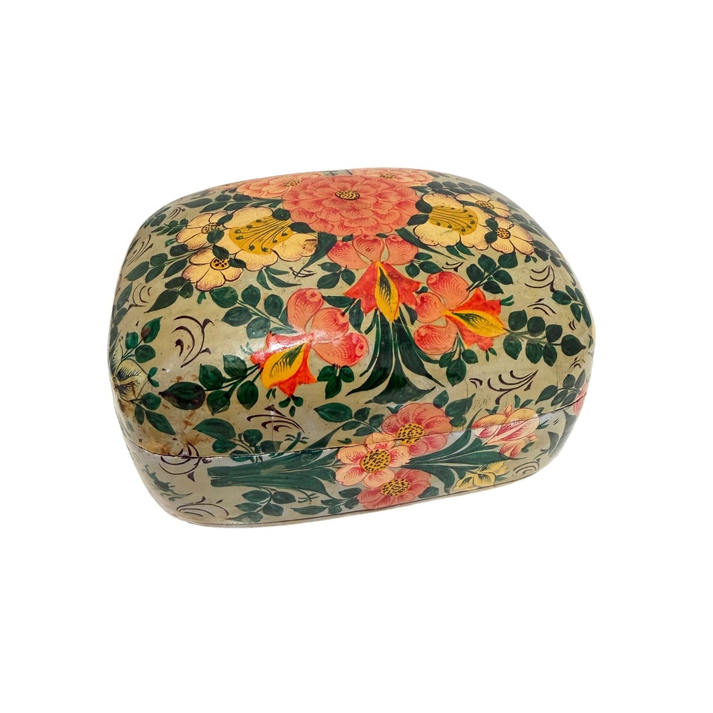 Handcrafted Paper Mache Box India Cream Floral Design 5x3" Trinket Jewelry Box